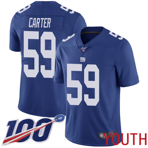 Youth New York Giants #59 Lorenzo Carter Royal Blue Team Color Vapor Untouchable Limited Player 100th Season Football NFL Jersey